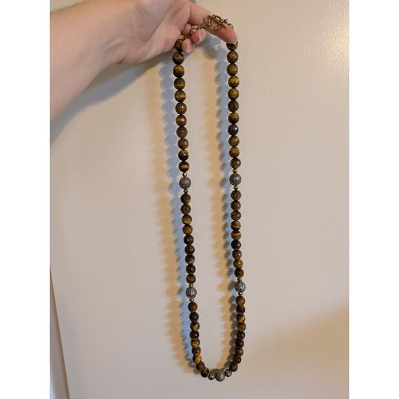 Huge Tigers Eye Faceted Bead Necklace With Silver Tone Stations Toggle Clasp 40" - Picture 5 of 6